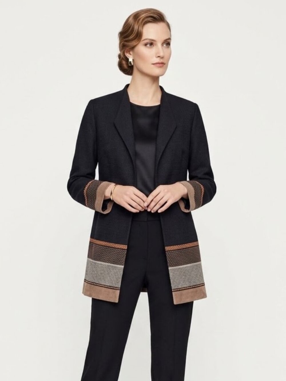 Lafayette 148 Longline Blazer Jacket Embroidered Leather Trim size S Colorblock